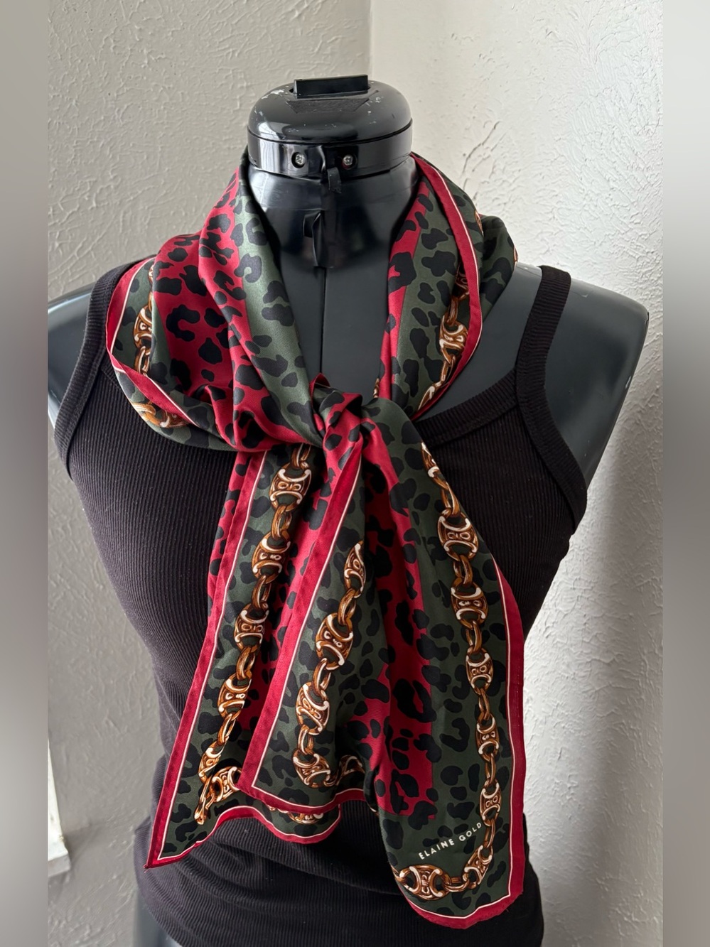 Elaine Gold Vintage Red Rectangle Silk Scarf 10'' x 50” animal pattern in center